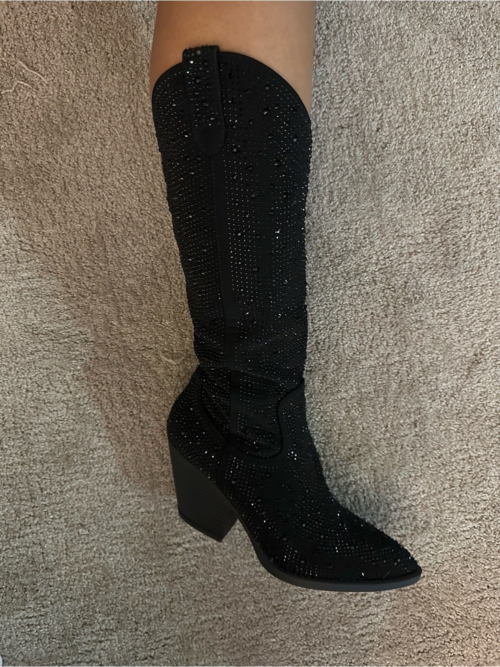 Miss Lola Black Rhinestone Embellished Block Heel Boots